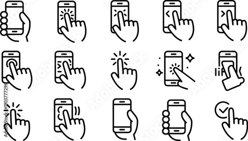 Hand gestures for mobile devices and touchscreens, modern digital interaction icons set
