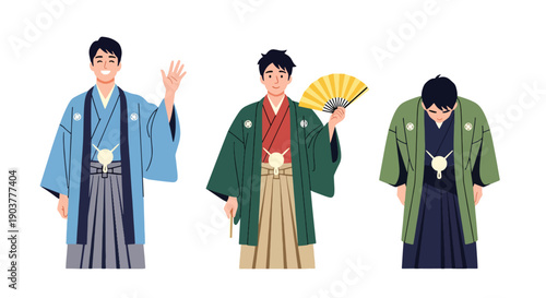 Vector set collections of Japanese men wearing traditional kimono and haori jacket, presenting cultural heritage, elegance, and Asian fashion in modern flat vector style