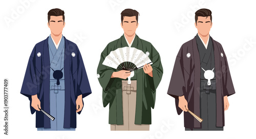 Vector set collections of Japanese men wearing traditional kimono and haori jacket, presenting cultural heritage, elegance, and Asian fashion in modern flat vector style
