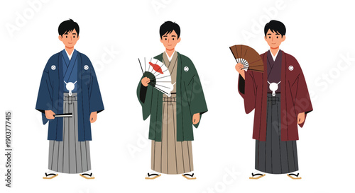 Vector set collections of Japanese men wearing traditional kimono and haori jacket, presenting cultural heritage, elegance, and Asian fashion in modern flat vector style