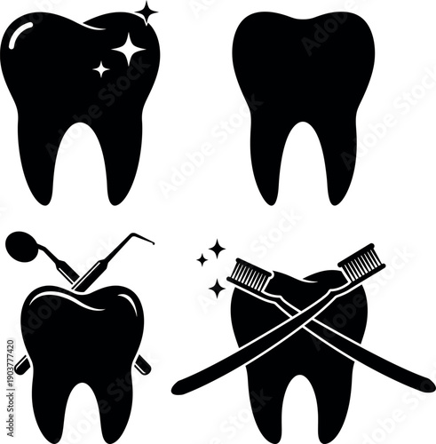 Dental care icon set with teeth and dentist tools silhouette