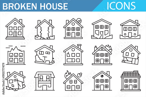 Broken house icon set in outline style featuring damaged homes, cracked buildings and destroyed houses for disaster, insurance, real estate loss, renovation, repair and emergency design concepts