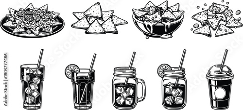 Set of nachos and drink illustrations, tortilla chips with cheese, soda glasses with ice, fast food snacks vector collection, isolated on white.
