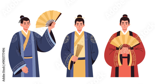 Vector set collections of Chinese men wearing traditional changshan robe with embroidery, highlighting cultural elegance, national fashion, and Asian heritage