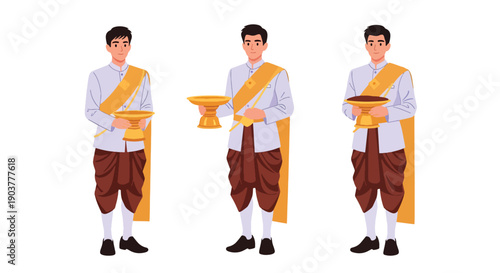 Vector set collections of Thai men wearing traditional silk outfit with golden sash and ceremonial tray, showing royal elegance, cultural heritage, and Southeast Asian fashion