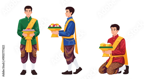 Vector set collections of Thai men wearing traditional silk outfit with golden sash and ceremonial tray, showing royal elegance, cultural heritage, and Southeast Asian fashion