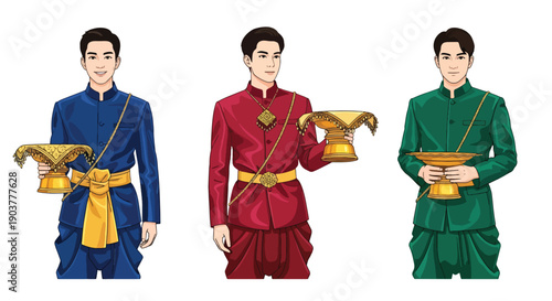 Vector set collections of Thai men wearing traditional silk outfit with golden sash and ceremonial tray, showing royal elegance, cultural heritage, and Southeast Asian fashion