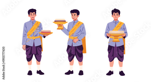 Vector set collections of Thai men wearing traditional silk outfit with golden sash and ceremonial tray, showing royal elegance, cultural heritage, and Southeast Asian fashion