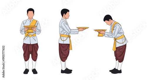 Vector set collections of Thai men wearing traditional silk outfit with golden sash and ceremonial tray, showing royal elegance, cultural heritage, and Southeast Asian fashion