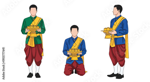 Vector set collections of Thai men wearing traditional silk outfit with golden sash and ceremonial tray, showing royal elegance, cultural heritage, and Southeast Asian fashion