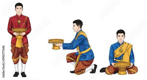 Vector set collections of Thai men wearing traditional silk outfit with golden sash and ceremonial tray, showing royal elegance, cultural heritage, and Southeast Asian fashion