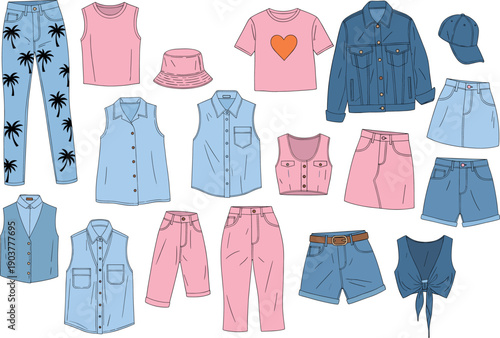 Trendy collection of casual clothing featuring denim jackets jeans with palm trees pink skirts and sleeveless tops for summer fashion.