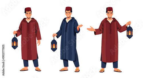 Vector set collections of Moroccan men wearing traditional djellaba and fez hat, showing Middle Eastern elegance, cultural tradition, and North African fashion