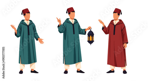 Vector set collections of Moroccan men wearing traditional djellaba and fez hat, showing Middle Eastern elegance, cultural tradition, and North African fashion
