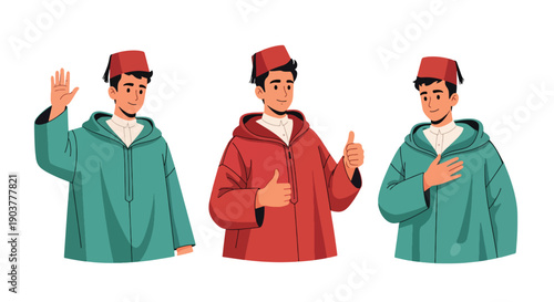 Vector set collections of Moroccan men wearing traditional djellaba and fez hat, showing Middle Eastern elegance, cultural tradition, and North African fashion