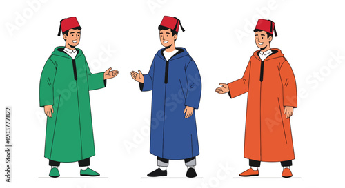 Vector set collections of Moroccan men wearing traditional djellaba and fez hat, showing Middle Eastern elegance, cultural tradition, and North African fashion