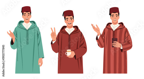 Vector set collections of Moroccan men wearing traditional djellaba and fez hat, showing Middle Eastern elegance, cultural tradition, and North African fashion
