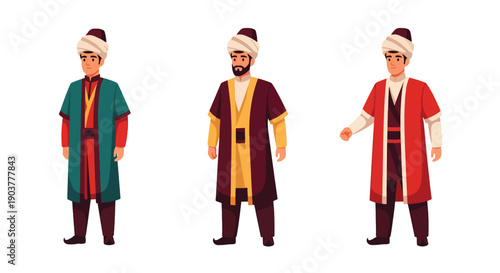 Vector set collections of Turkish men wearing Ottoman-style robe and turban with scroll, representing imperial heritage, historical culture, and Middle Eastern tradition