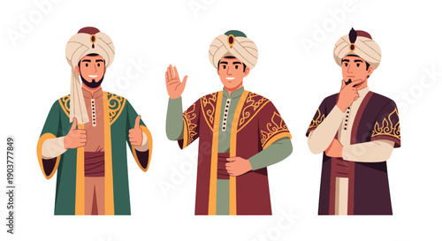Vector set collections of Turkish men wearing Ottoman-style robe and turban with scroll, representing imperial heritage, historical culture, and Middle Eastern tradition