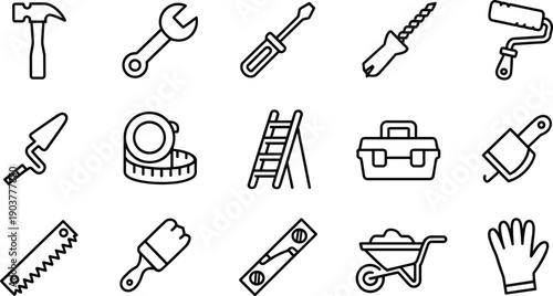 Variety of construction and renovation tools in black outline style including hammer wrench screwdriver drill and saw for DIY projects