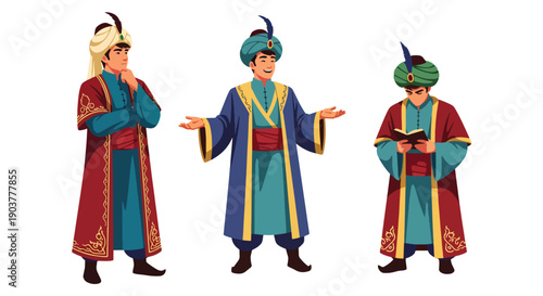 Vector set collections of Turkish men wearing Ottoman-style robe and turban with scroll, representing imperial heritage, historical culture, and Middle Eastern tradition