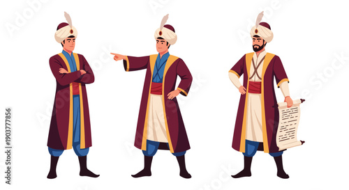 Vector set collections of Turkish men wearing Ottoman-style robe and turban with scroll, representing imperial heritage, historical culture, and Middle Eastern tradition