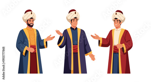 Vector set collections of Turkish men wearing Ottoman-style robe and turban with scroll, representing imperial heritage, historical culture, and Middle Eastern tradition