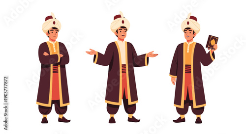 Vector set collections of Turkish men wearing Ottoman-style robe and turban with scroll, representing imperial heritage, historical culture, and Middle Eastern tradition