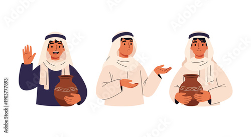 Vector set collections of Egyptian men wearing traditional galabeya and scarf with clay pot, highlighting desert heritage, ancient culture, and Middle Eastern fashion