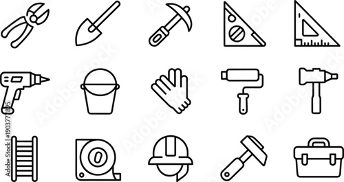 Collection of building and renovation tools in black outline design including pliers shovel hammer safety helmet and construction equipment