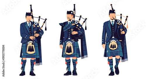 Vector set collections of Scottish men wearing tartan kilt with sporran and jacket, presenting Celtic heritage, national tradition, and European cultural fashion in modern flat vector style