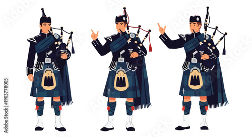 Vector set collections of Scottish men wearing tartan kilt with sporran and jacket, presenting Celtic heritage, national tradition, and European cultural fashion in modern flat vector style
