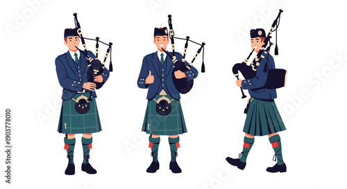Vector set collections of Scottish men wearing tartan kilt with sporran and jacket, presenting Celtic heritage, national tradition, and European cultural fashion in modern flat vector style