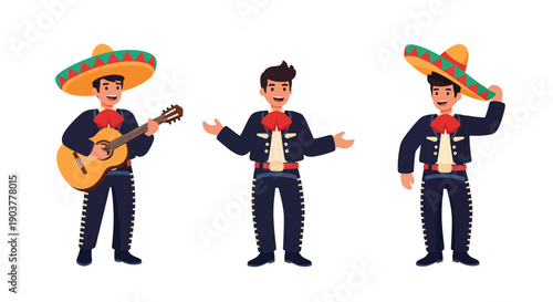 Vector set collections of Mexican men wearing charro suit and sombrero with guitar, highlighting festive tradition, mariachi heritage, and Latin American cultural fashion