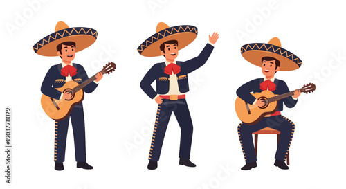 Vector set collections of Mexican men wearing charro suit and sombrero with guitar, highlighting festive tradition, mariachi heritage, and Latin American cultural fashion