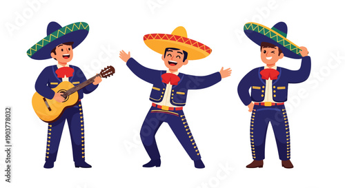 Vector set collections of Mexican men wearing charro suit and sombrero with guitar, highlighting festive tradition, mariachi heritage, and Latin American cultural fashion