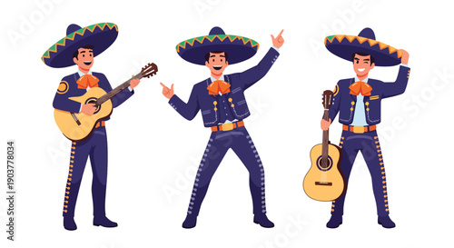 Vector set collections of Mexican men wearing charro suit and sombrero with guitar, highlighting festive tradition, mariachi heritage, and Latin American cultural fashion