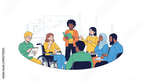 Diverse group of students studying together discussion