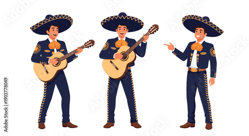 Vector set collections of Mexican men wearing charro suit and sombrero with guitar, highlighting festive tradition, mariachi heritage, and Latin American cultural fashion