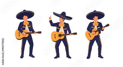 Vector set collections of Mexican men wearing charro suit and sombrero with guitar, highlighting festive tradition, mariachi heritage, and Latin American cultural fashion