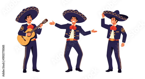 Vector set collections of Mexican men wearing charro suit and sombrero with guitar, highlighting festive tradition, mariachi heritage, and Latin American cultural fashion