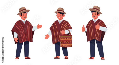 Vector set collections of Peruvian men wearing poncho and chullo hat with woven bag, showing Andean heritage, indigenous culture, and South American traditional fashion