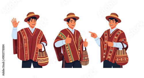 Vector set collections of Peruvian men wearing poncho and chullo hat with woven bag, showing Andean heritage, indigenous culture, and South American traditional fashion
