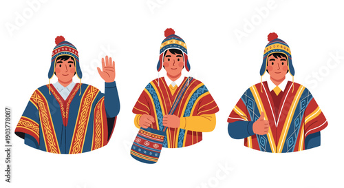Vector set collections of Peruvian men wearing poncho and chullo hat with woven bag, showing Andean heritage, indigenous culture, and South American traditional fashion