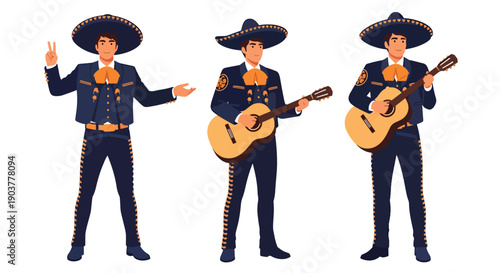 Vector set collections of Mexican men wearing charro suit and sombrero with guitar, highlighting festive tradition, mariachi heritage, and Latin American cultural fashion