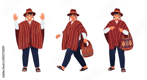 Vector set collections of Peruvian men wearing poncho and chullo hat with woven bag, showing Andean heritage, indigenous culture, and South American traditional fashion