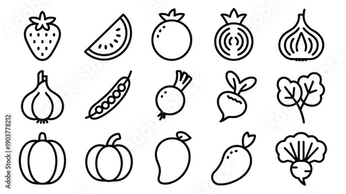 Collection of fresh fruits and vegetables icons in outline style for healthy eating and nutrition concept