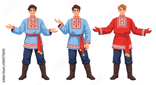 Vector set collections of Russian men wearing kosovorotka shirt and boots, highlighting Slavic heritage, rural tradition, and Eastern European cultural fashion
