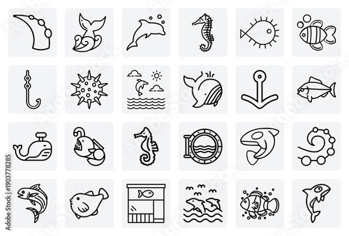 Oceanic Adventure And Marine Discovery – Dolphin, Anchor, And Various Tropical And Deep-Sea Fish For Travel And Learning