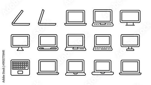 Set of computer icons including laptops and desktop monitors for digital technology and electronic devices
